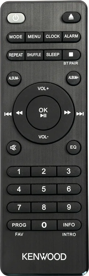 Telecomando Kenwood nero con pulsanti per modalità, menu, volume, numeri e altre funzioni.