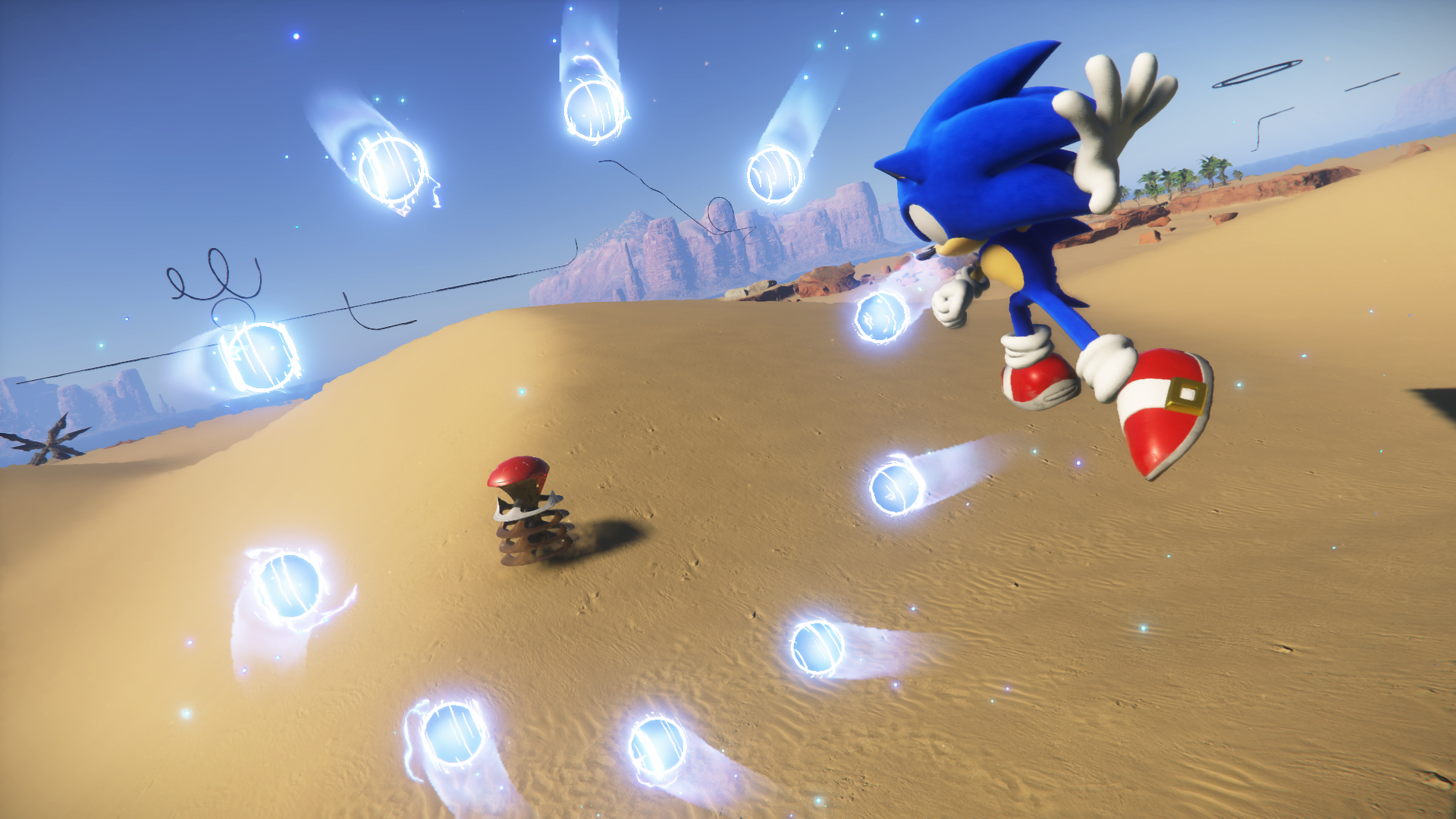 Sonic corriendo en un desierto, con bolas de energía azul y un resorte rojo.