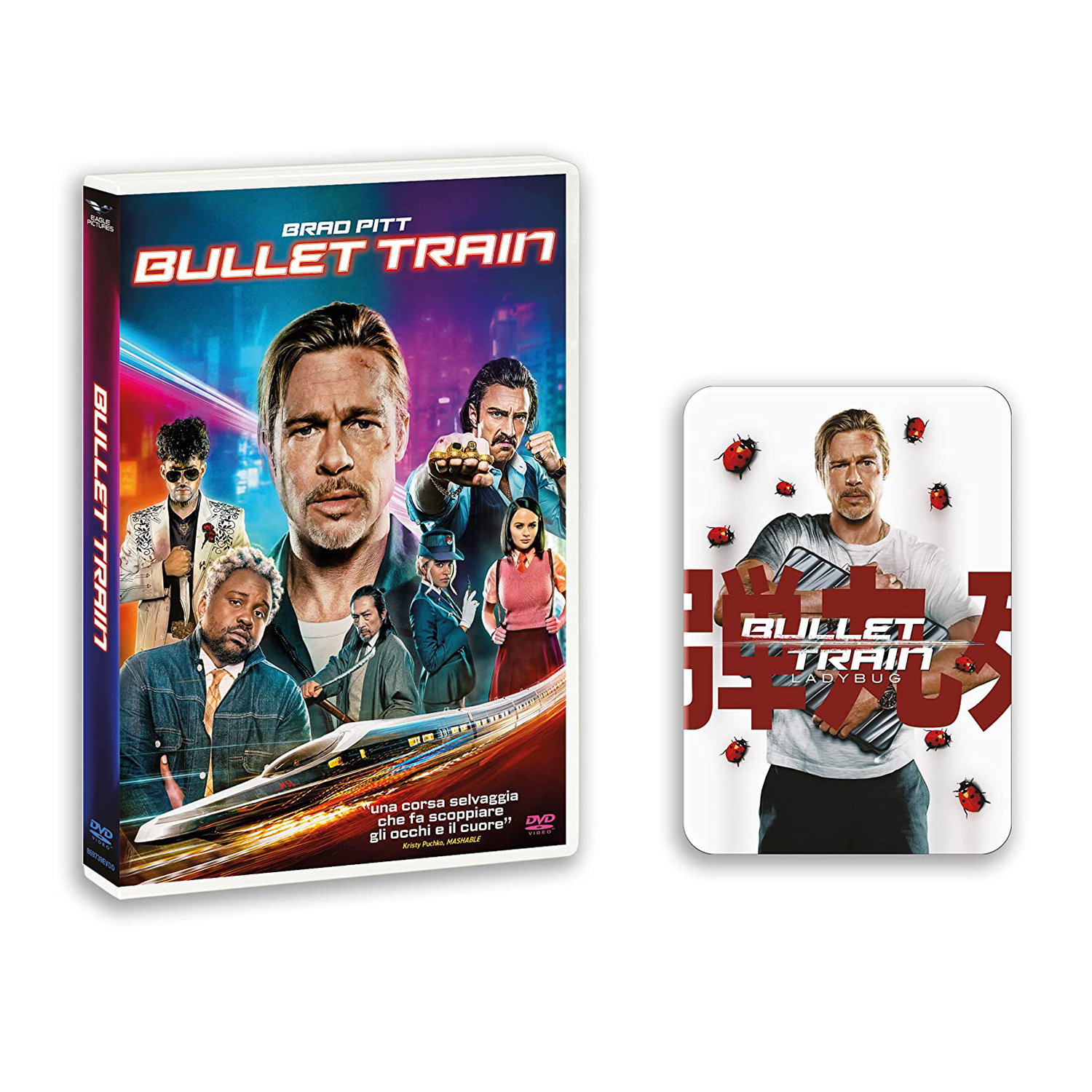 Copertina del film e card promozionale di 'Bullet Train' con Brad Pitt e il titolo.
