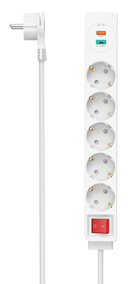 HAMA Hálózati Elosztó, 5 aljzat, Type-C+USB A, 1,4 méter, fehér (223186)