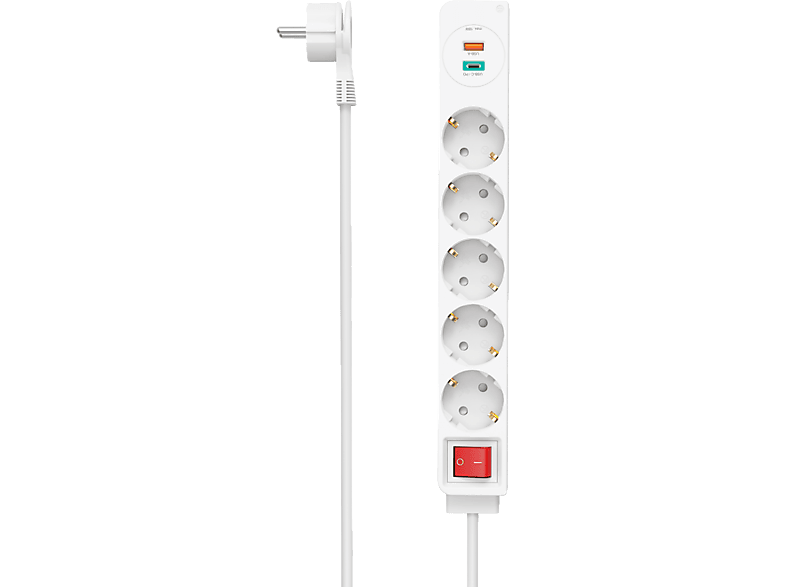 HAMA Hálózati Elosztó, 5 aljzat, Type-C+USB A, 1,4 méter, fehér (223186)