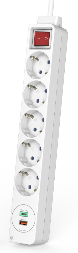 Fehér elosztó öt aljzattal, kapcsolóval és USB portokkal.