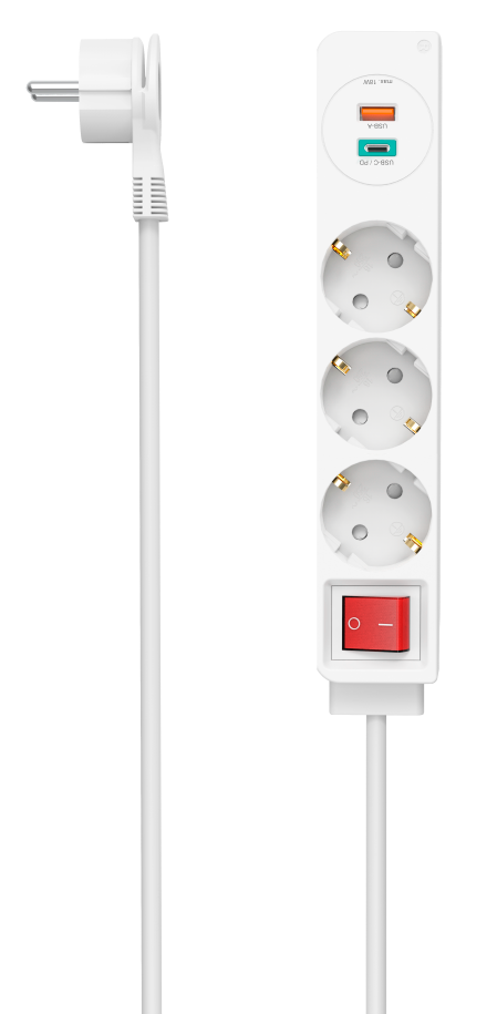 HAMA Hálózati Elosztó, 3 aljzat, Type-C+USB A, 1,4 méter, fehér (223185)