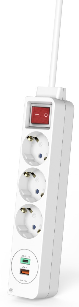 Fehér elosztó három aljzattal, piros kapcsolóval és két USB porttal. Fehér kábel felfelé nyúlik.