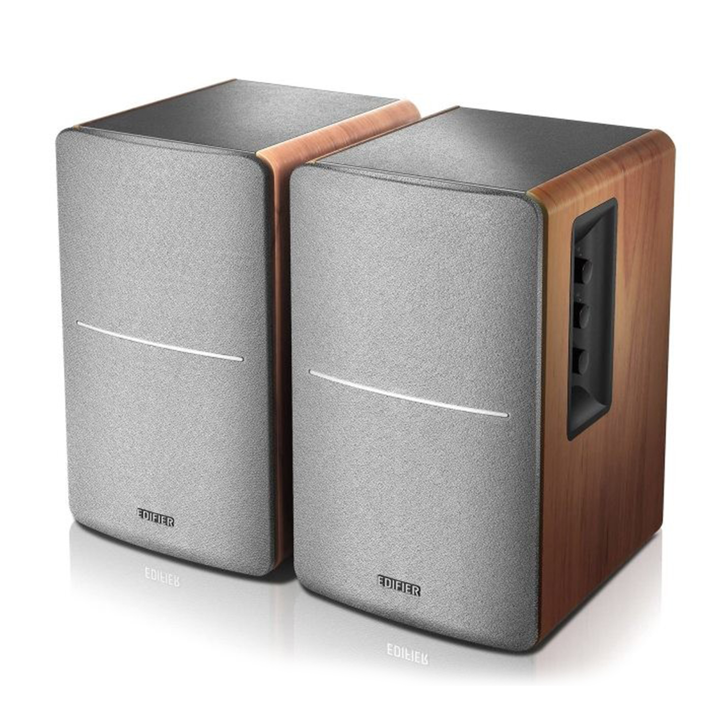 Coppia di altoparlanti Edifier, frontale grigio con finitura legno sul lato.