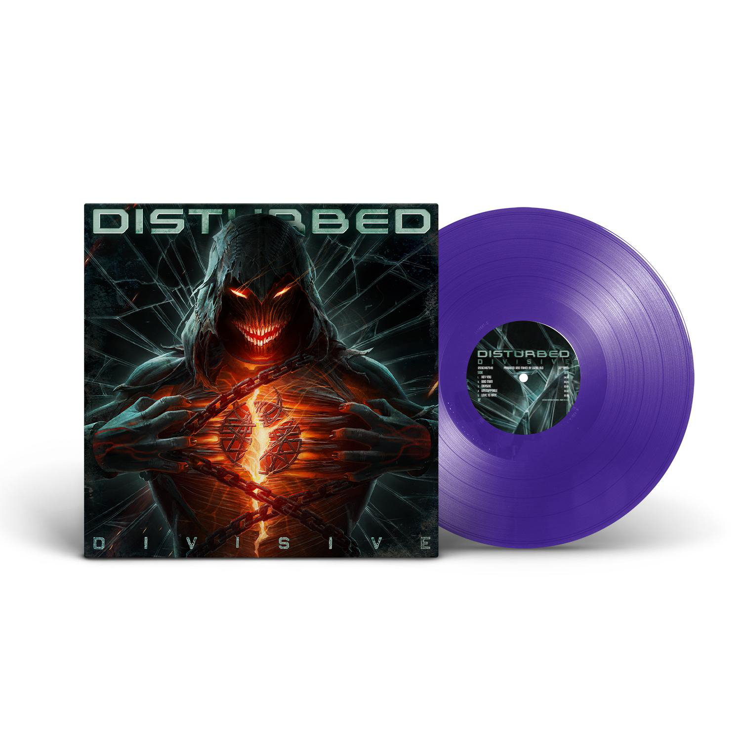 Albumcover für Disturbed's Divisive, eine lila Vinyl-Schallplatte ist sichtbar.