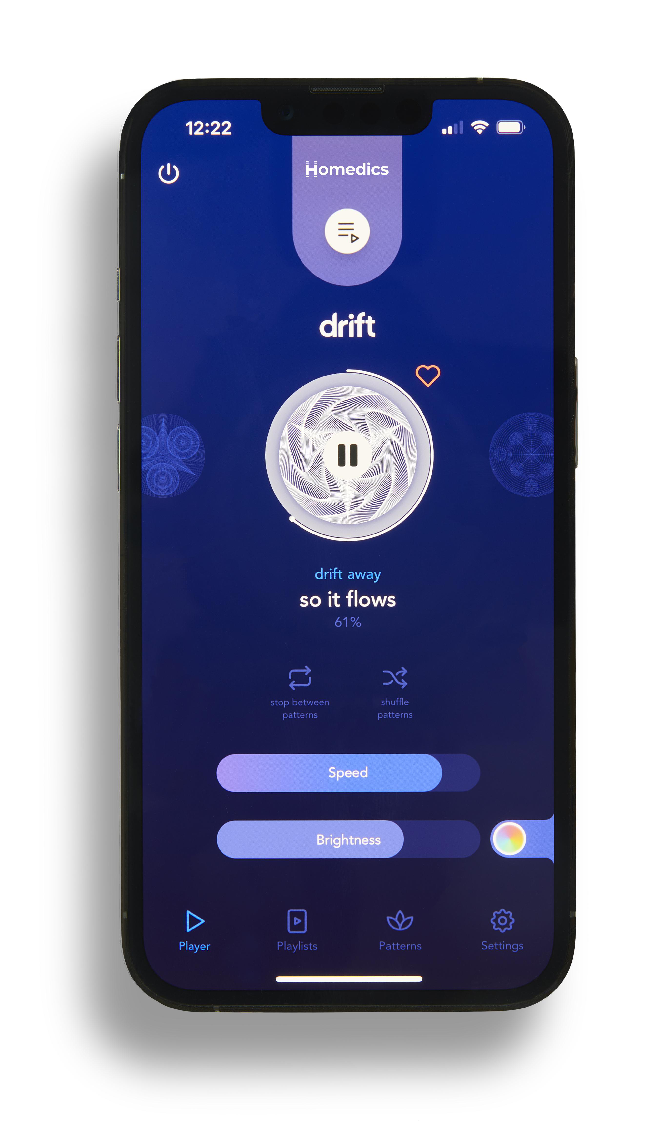 iPhone-Bildschirm zeigt die Homedics Drift App-Oberfläche mit einem kreisförmigen Design.