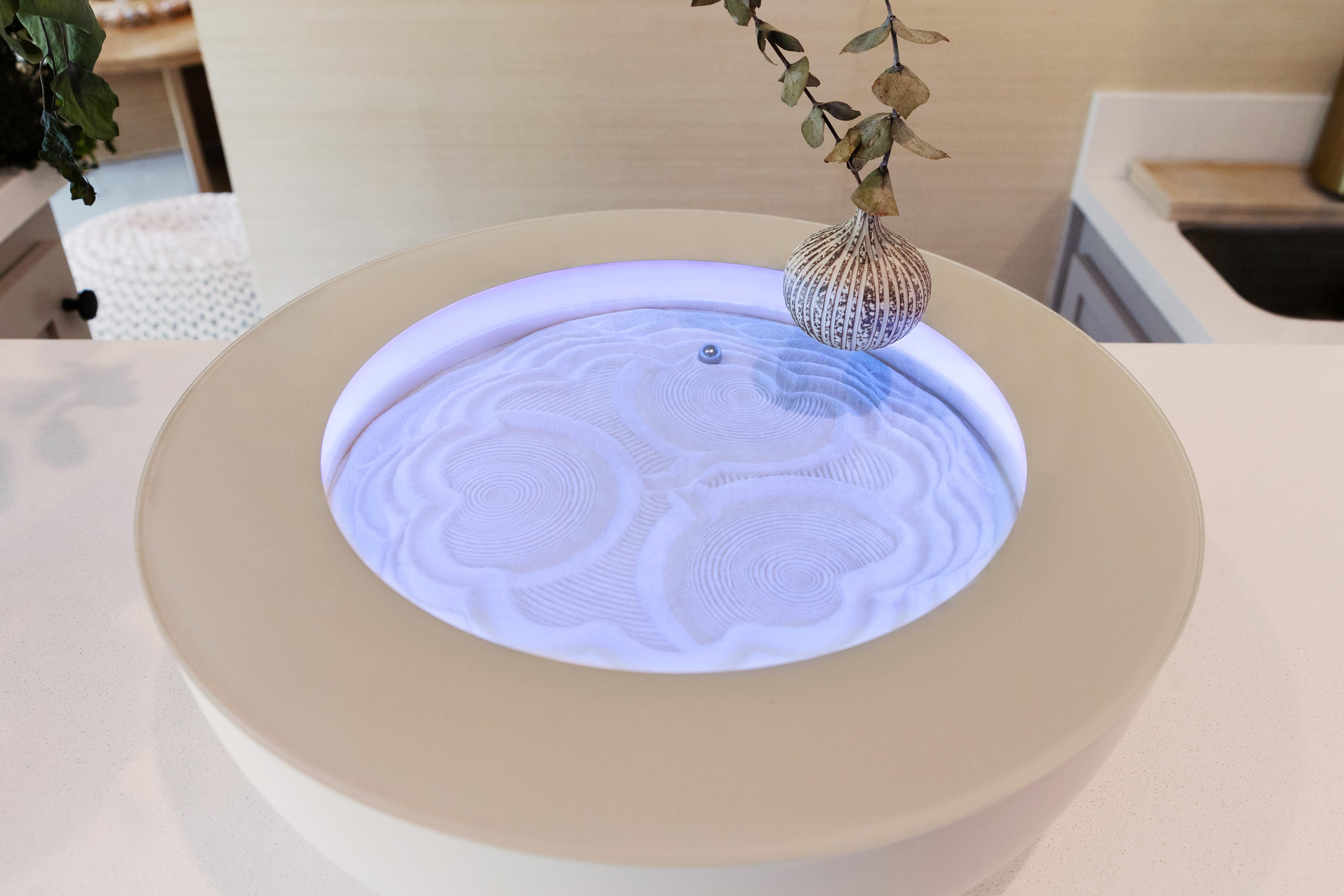 Zen-Garten mit Sandmustern, einer kleinen silbernen Kugel und einer Zierpflanze.
