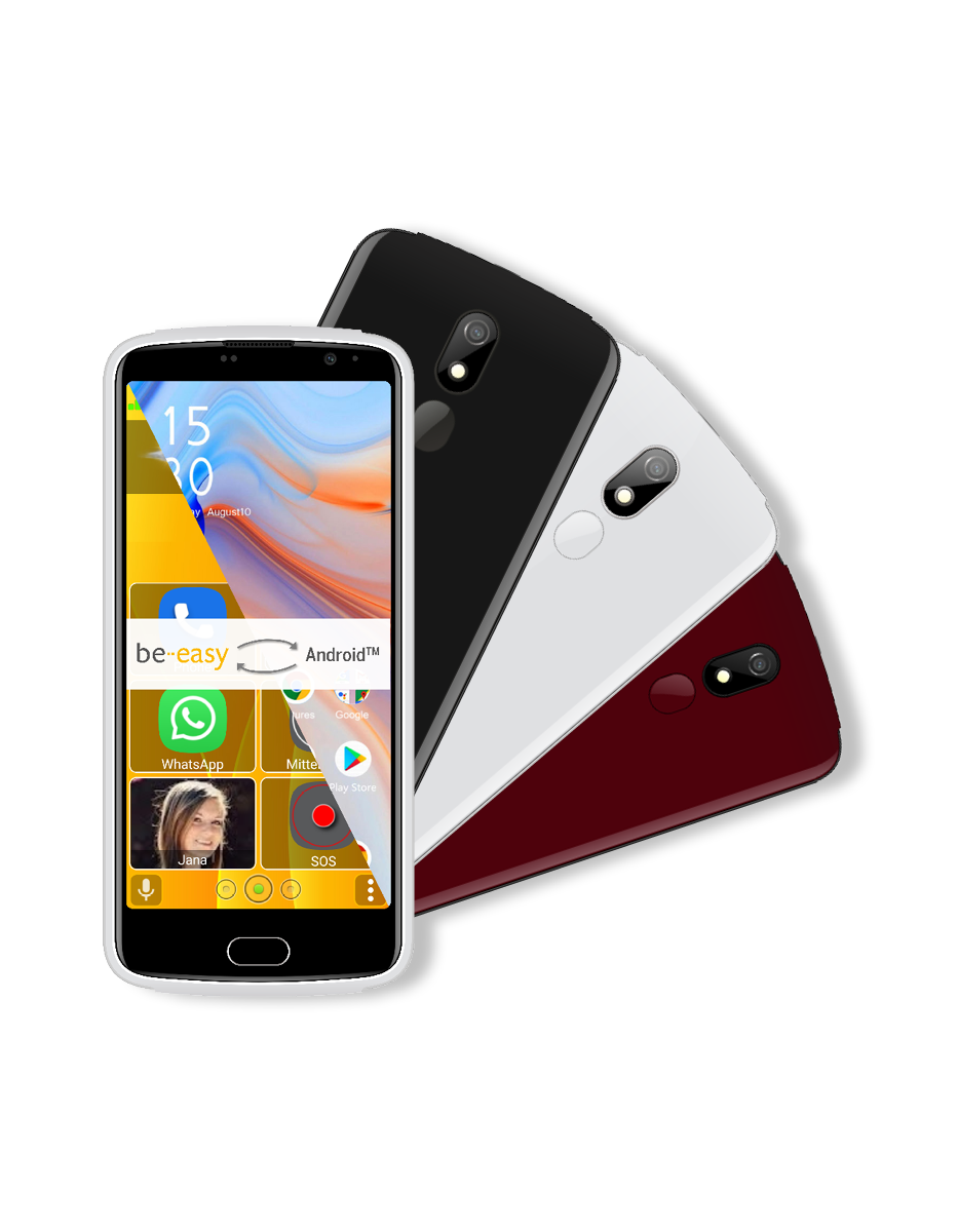 Drei Smartphones, eines weiß, schwarz und rot, zeigen App-Symbole und Bildschirme.