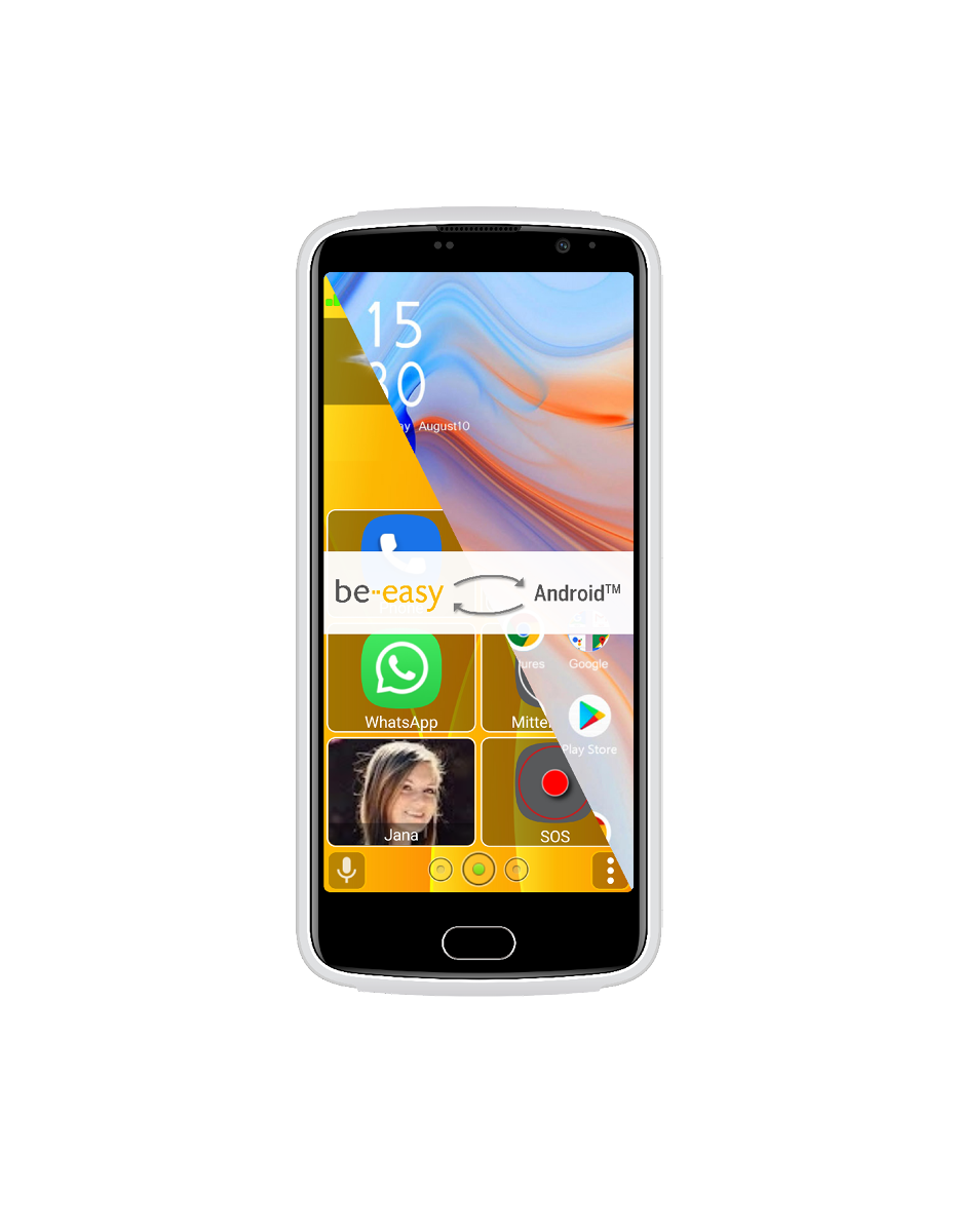 Ein Smartphone mit weißem Rahmen, das einen Startbildschirm mit App-Symbolen zeigt.