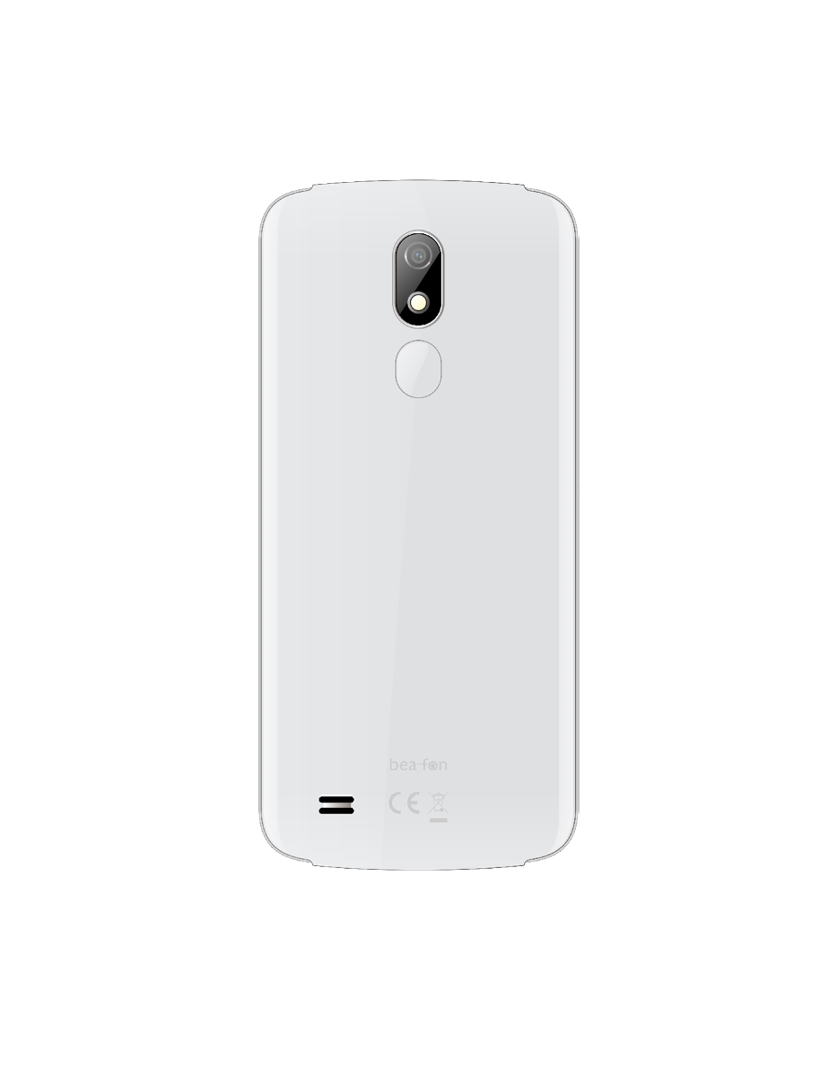 Rückseite eines weißen Smartphones mit Kamera und Logo.