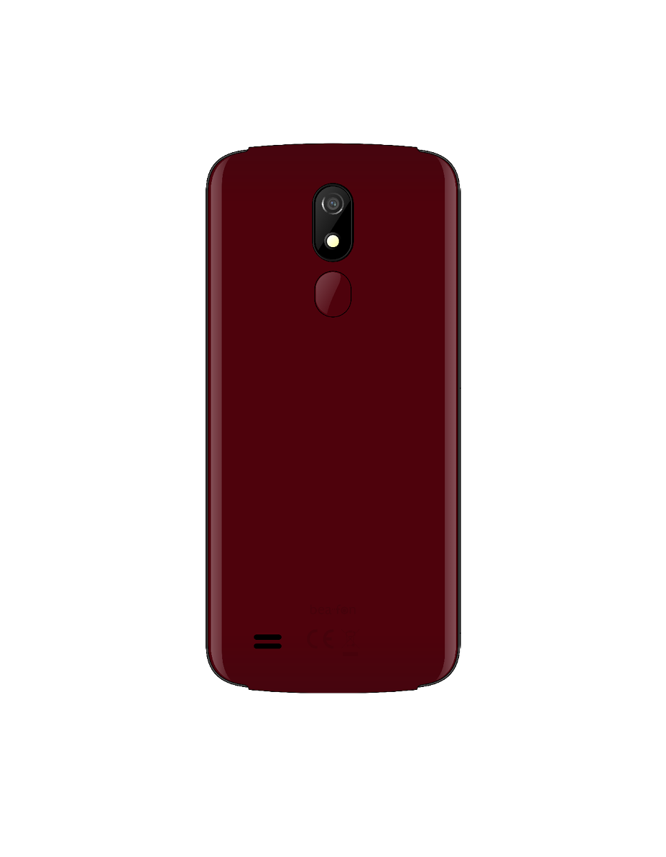 Ein weinrotes Smartphone mit Kamera und Fingerabdrucksensor auf der Rückseite.