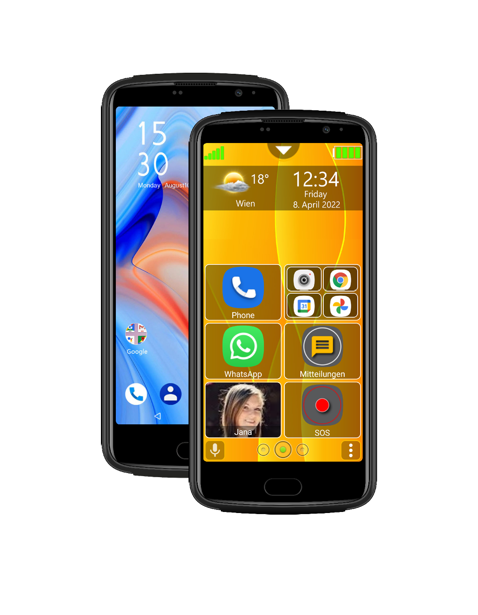 Zwei Smartphones mit großen Symbolen auf dem Bildschirm, eines zeigt Datum und Uhrzeit.