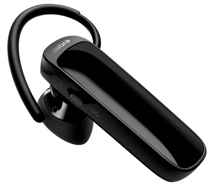 Fekete Jabra Bluetooth headset. Ívelt kialakítású, egy fülhallgatóval és mikrofonnal.