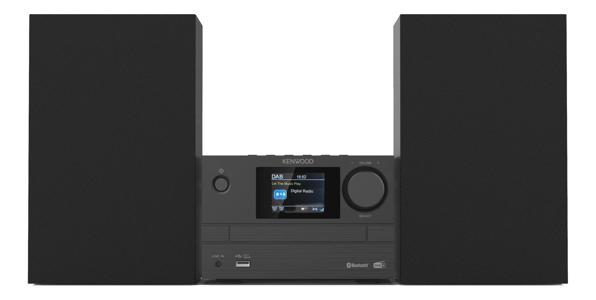 Schwarze Kenwood Stereoanlage mit Bildschirm.