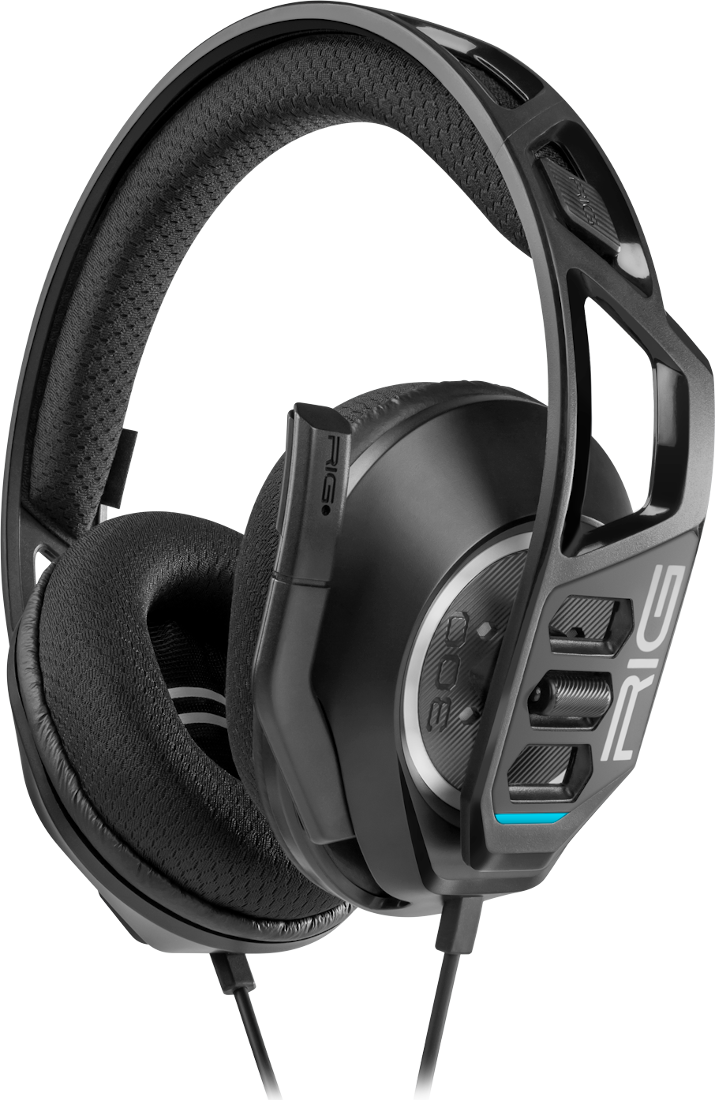 Fekete gamer headset mikrofonnal, oldalsó nézet.