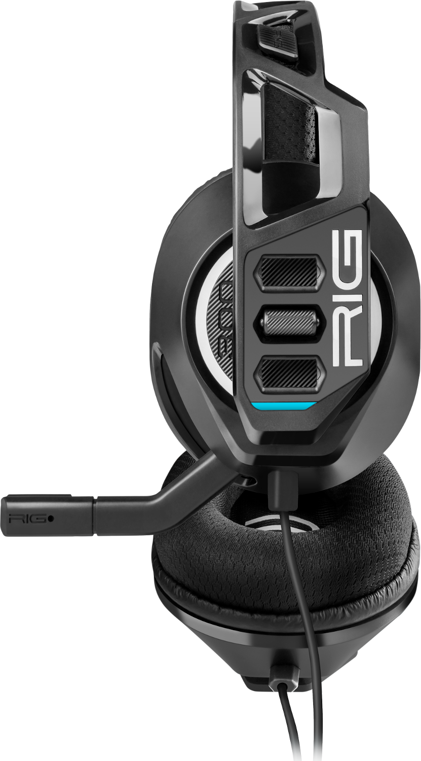Fekete gamer headset mikrofonnal. A 'RIG' szó látható. A háttér fekete.