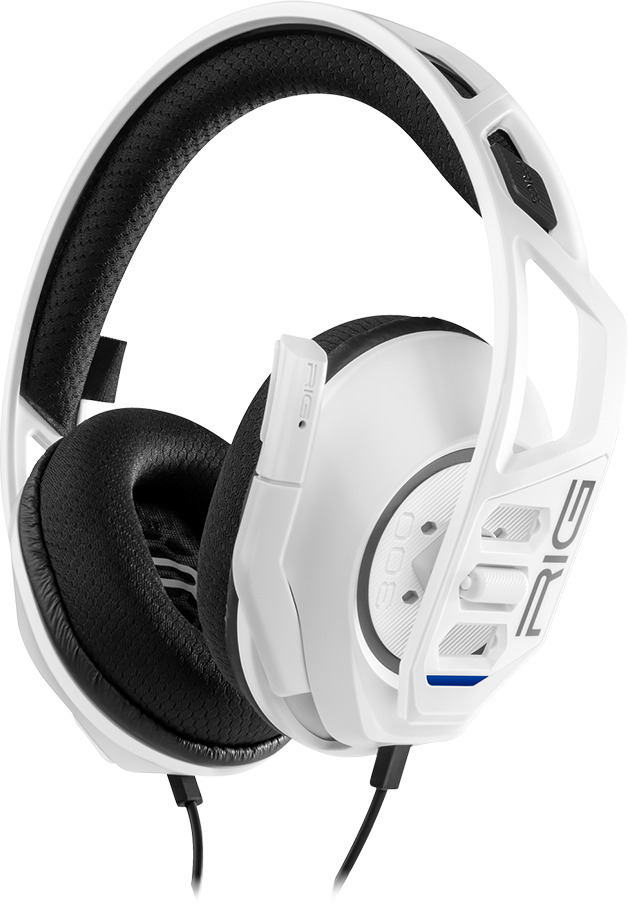 Fehér gamer fejhallgató fekete fülpárnákkal és mikrofonnal. A RIG logó látható.