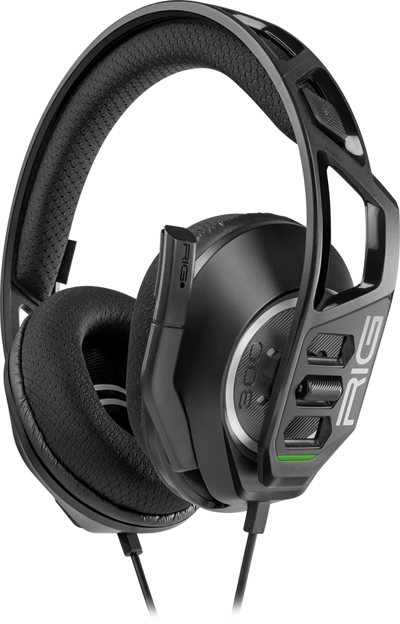 Fekete gamer headset RIG márkajelzéssel, fülkagylókat és fejpántot mutatva.