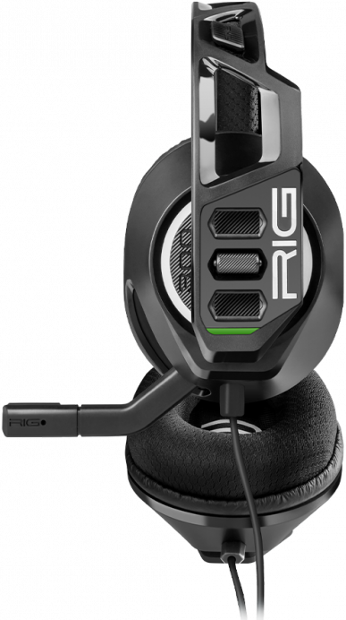 Fekete-szürke gamer headset mikrofonnal. Zöld díszítés az oldalon.
