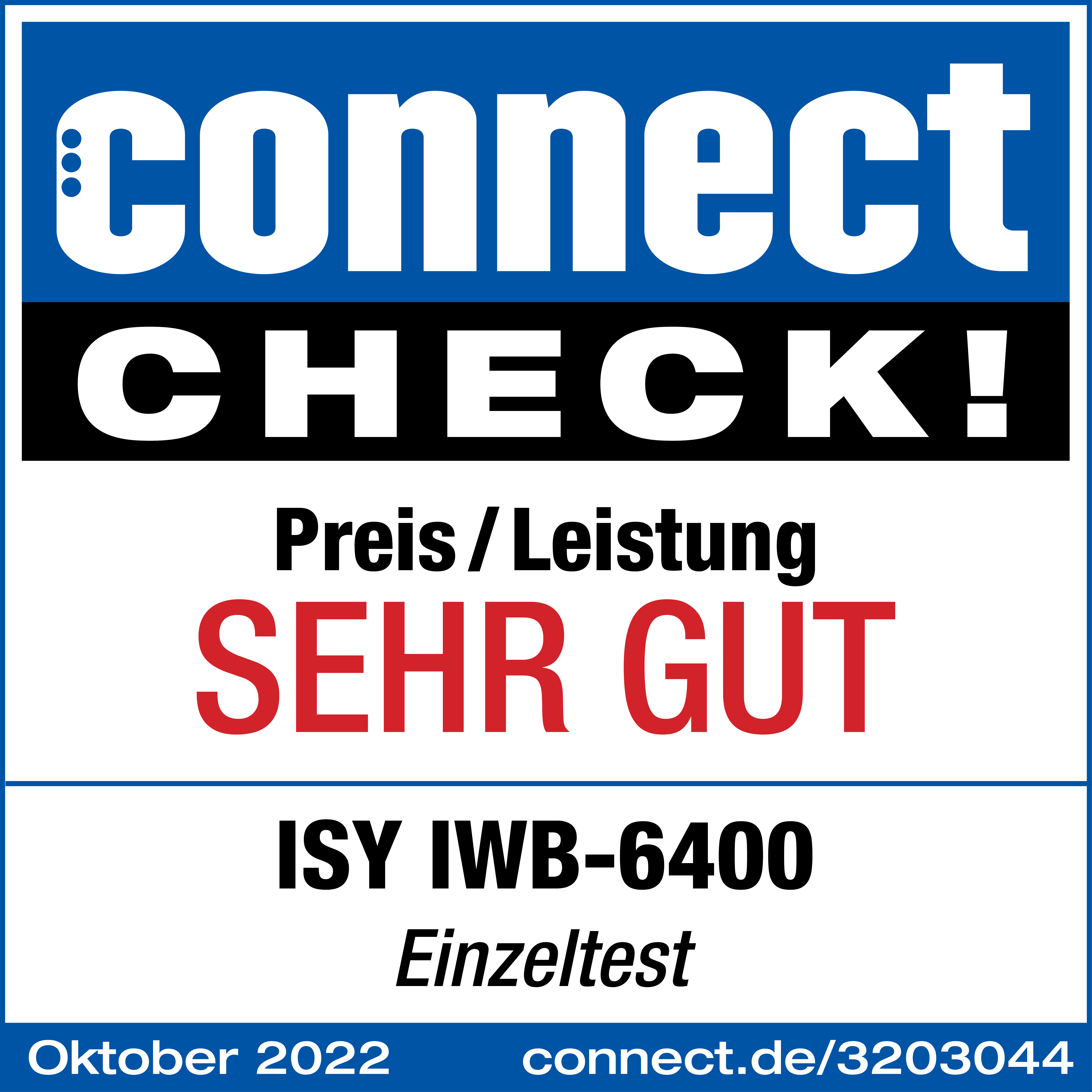 Distintivo Connect Check! con testo e valutazione: Sehr Gut.