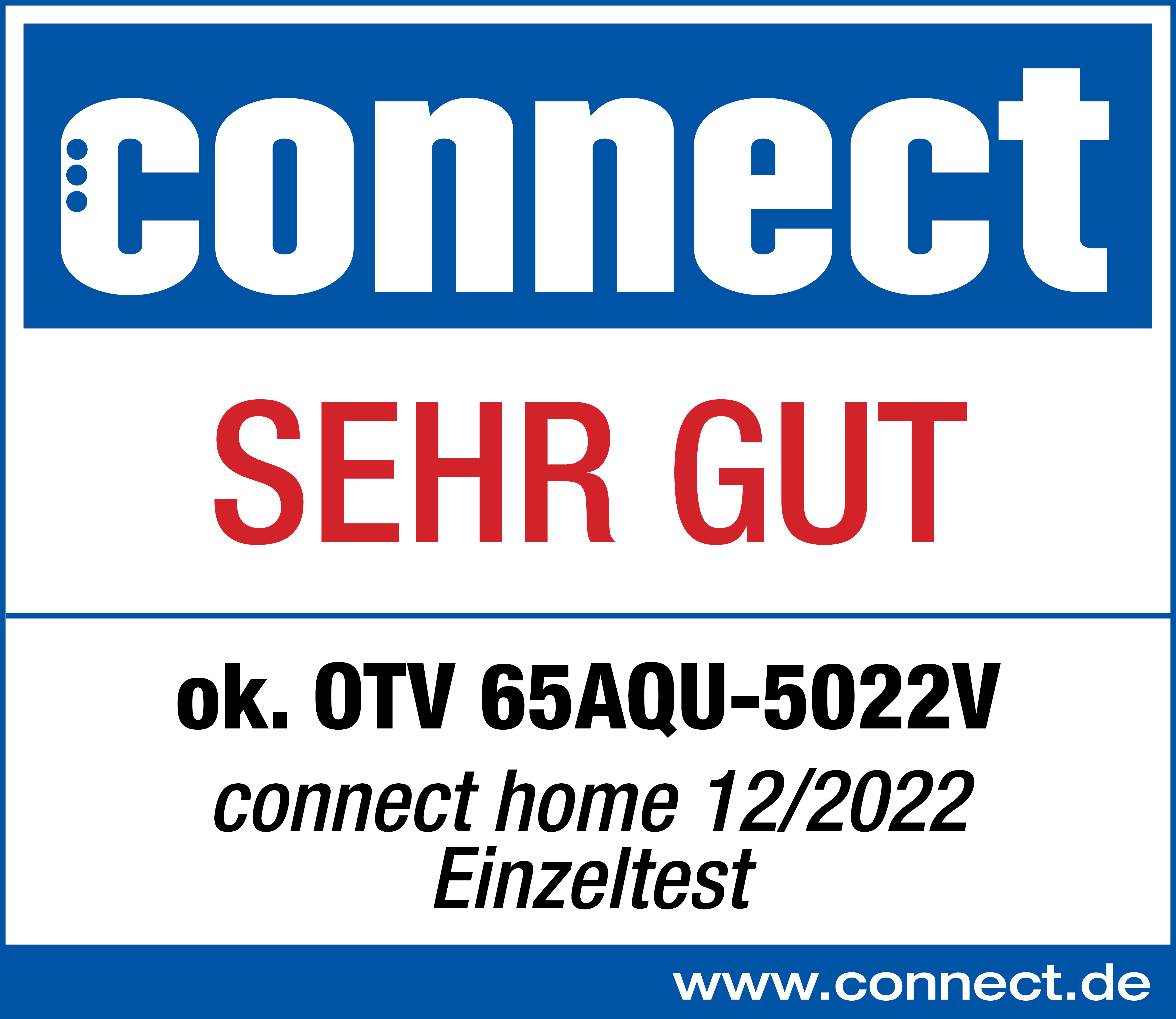 Connect-Logo, Text 'SEHR GUT', Produktdetails und Website-Adresse.