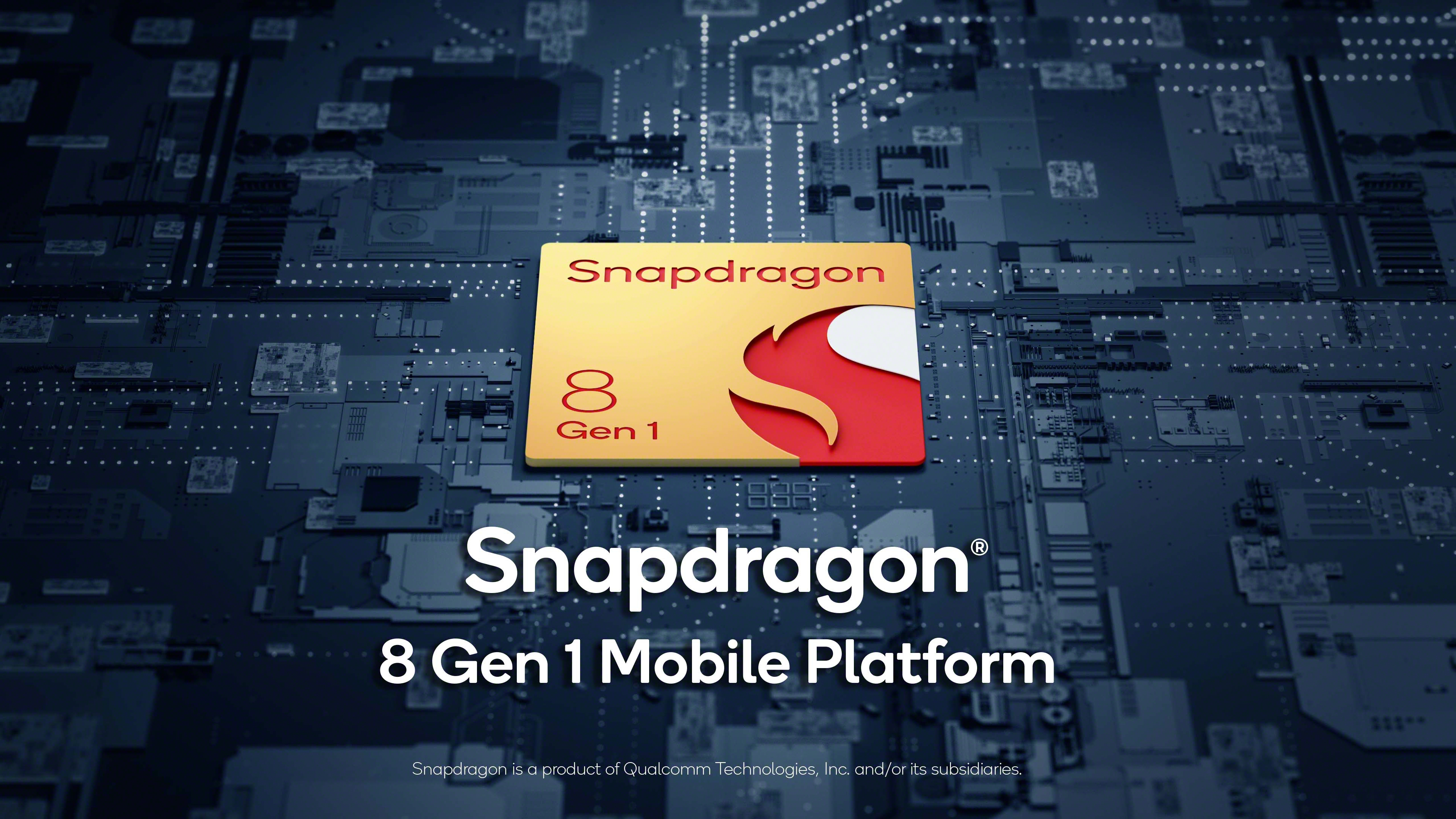 Snapdragon 8 Gen 1 mobile Plattform Grafik mit Text und Tech-Hintergrund.