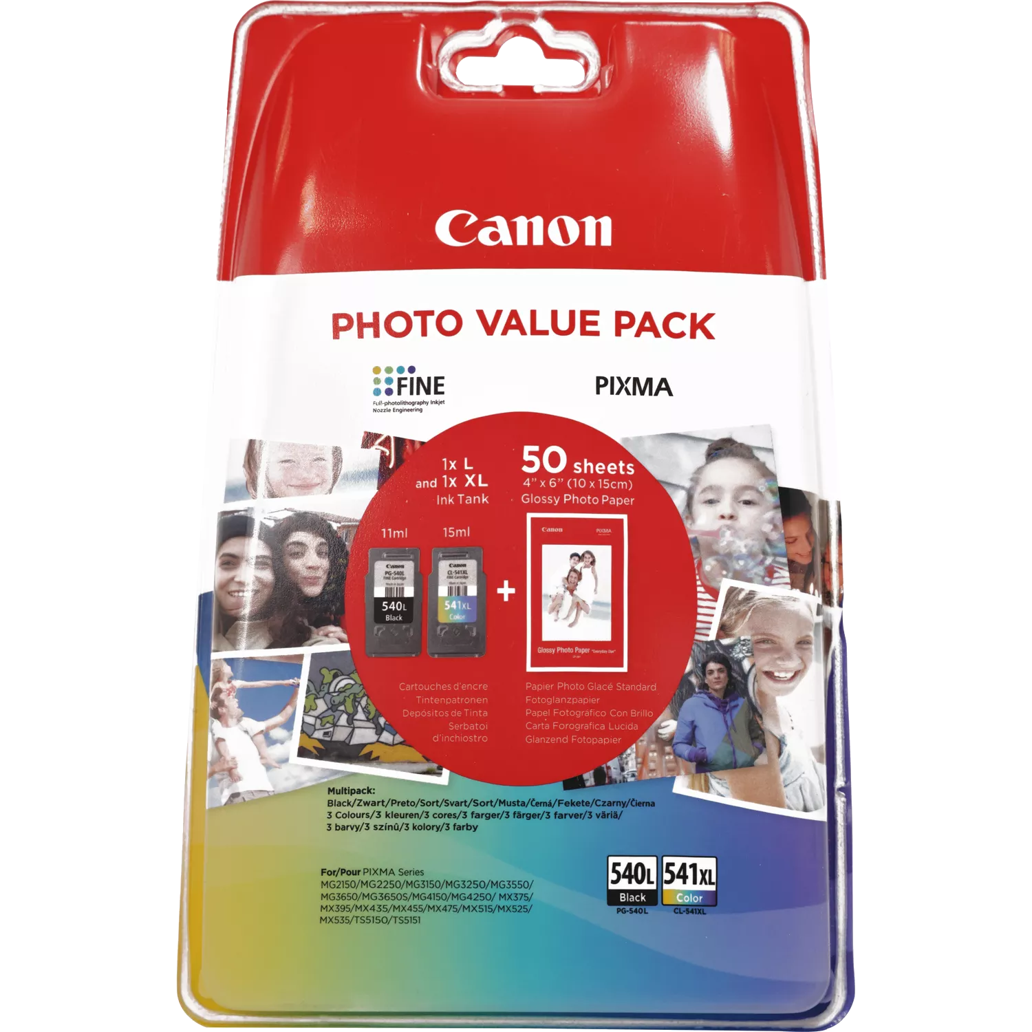 Canon Photo Value Pack. A csomag fotópapírt, tintapatronokat és mintafotókat mutat.