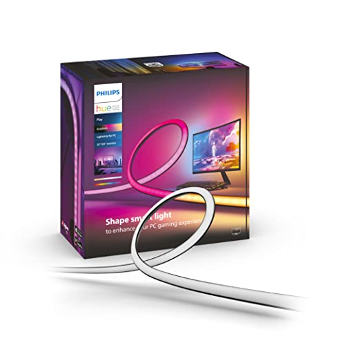 Embalaje de la tira de luz Philips Hue, mostrando el producto y sus características de iluminación inteligente.