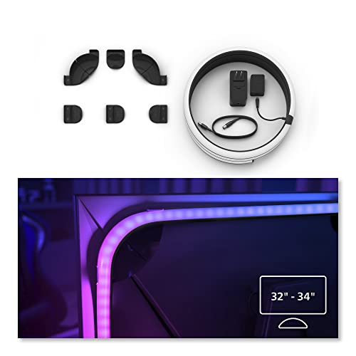 Juego de conectores negros y una tira LED blanca. Una tira LED curva alrededor de una pantalla.