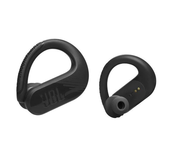 Dos auriculares JBL negros con un diseño de gancho para la oreja. Uno con tres puntos amarillos.