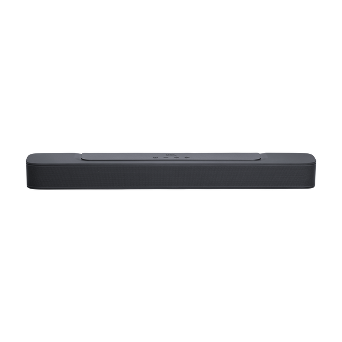 Una barra de sonido JBL negra sobre un fondo negro. La barra de sonido es horizontal con un diseño simple.