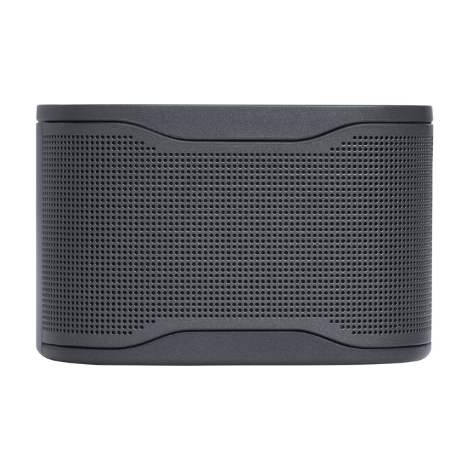 Altavoz gris oscuro con superficie perforada, fondo negro plano.