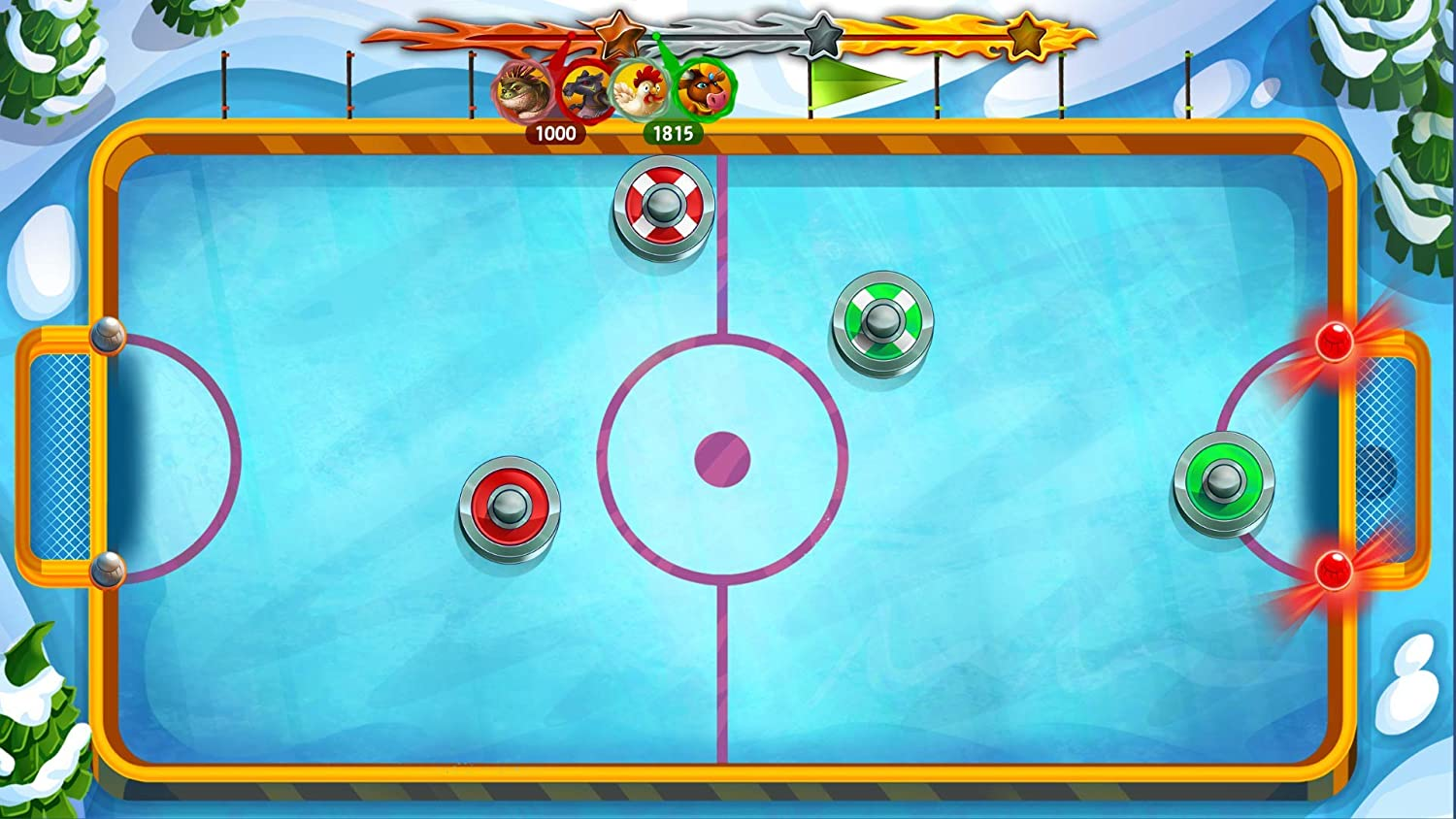 Eishockeyspielbildschirm, Pucks und Tore in einer verschneiten Arena, mit Punkteanzeigen.