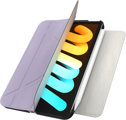 Egy nyitott iPad Mini levendula védőtokban, fehér tollal.
