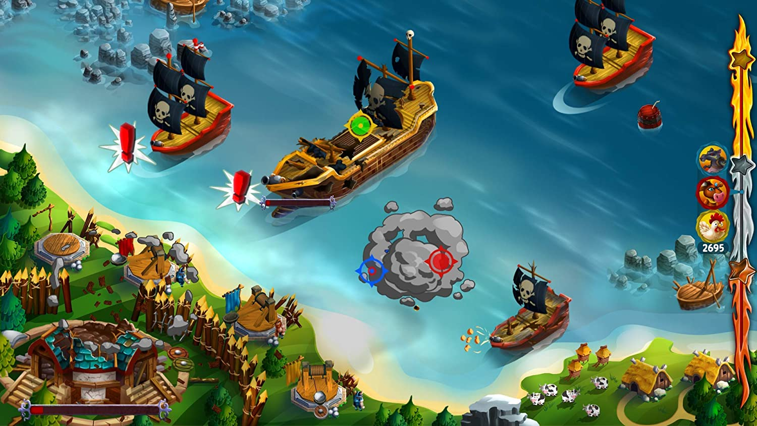 Piraten schiffen kämpfen in einem cartoonartigen Spiel in der Nähe einer Inselsiedlung.