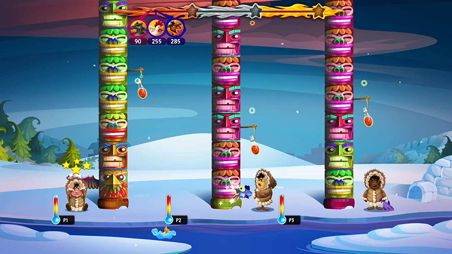Animierte Spielszene mit Totempfählen, Charakteren und Eis. Charaktere interagieren mit Totems.