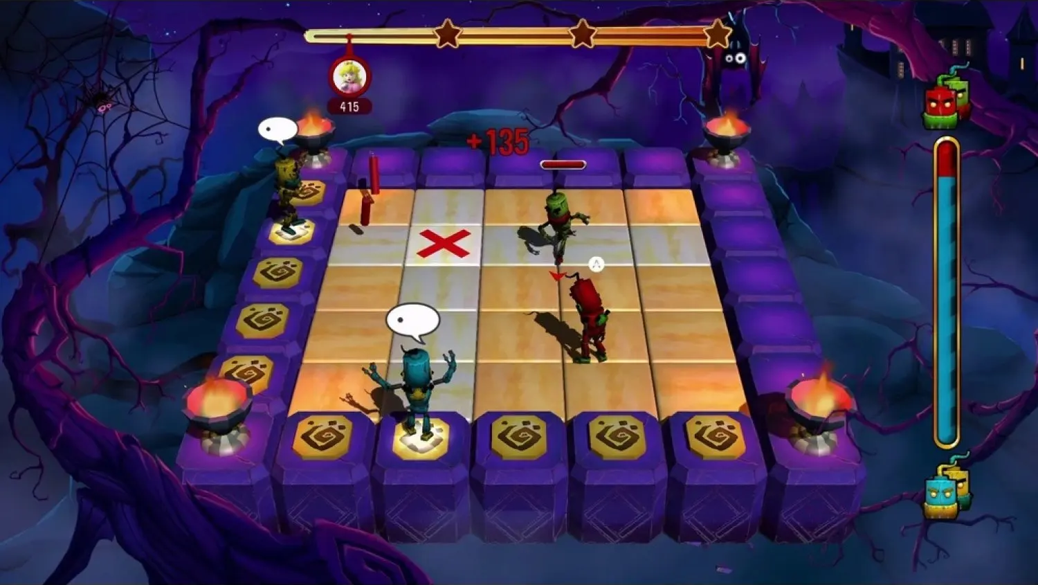 Spielszene mit Cartoon-Charakteren. Monster auf einem Raster, gruseliger Hintergrund.