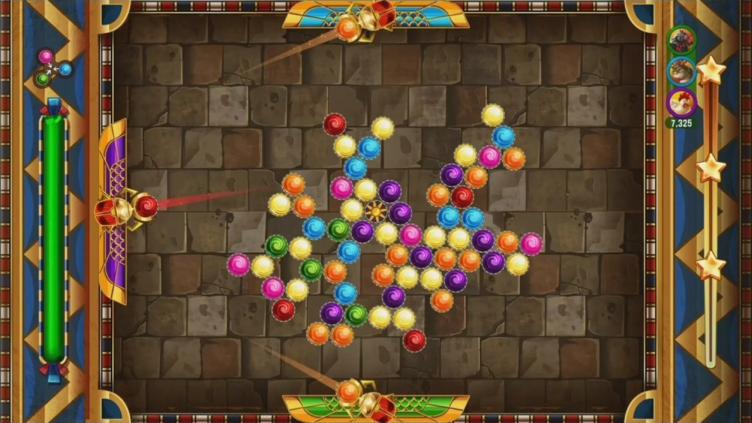 Puzzlespiel-Bildschirm mit bunten Blasen auf Backsteinhintergrund.