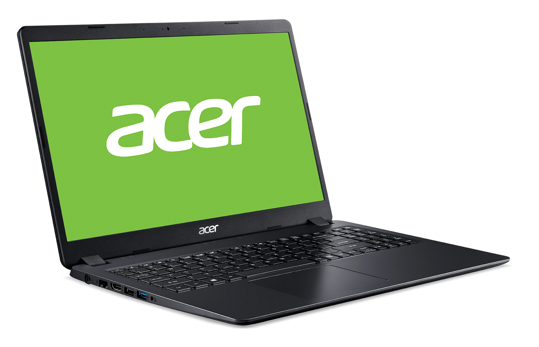 Un portátil negro que muestra la palabra "acer" en una pantalla verde.