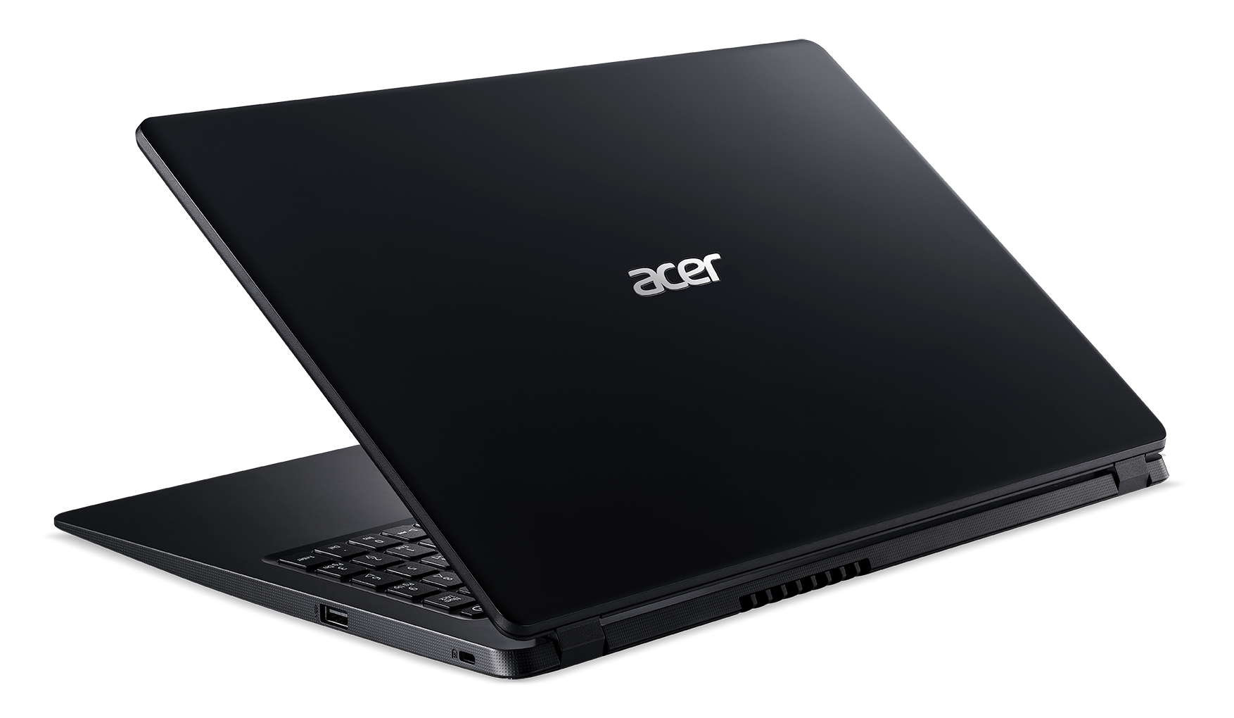 Portátil Acer negro, abierto, mostrando teclado, sobre fondo negro.