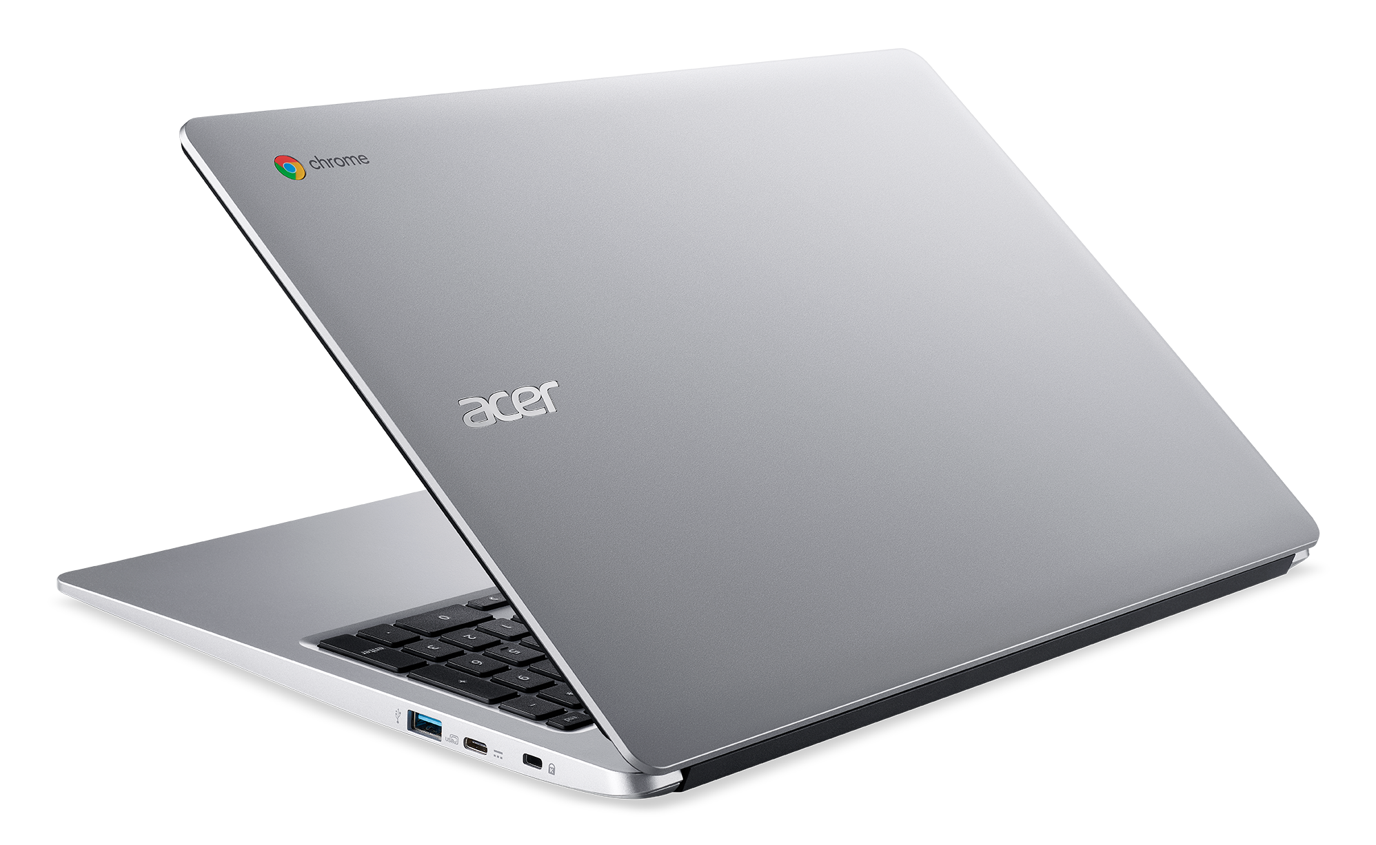 Portátil Acer Chromebook plateado, abierto, visto desde atrás. Fondo negro. Logotipo de Chrome visible.