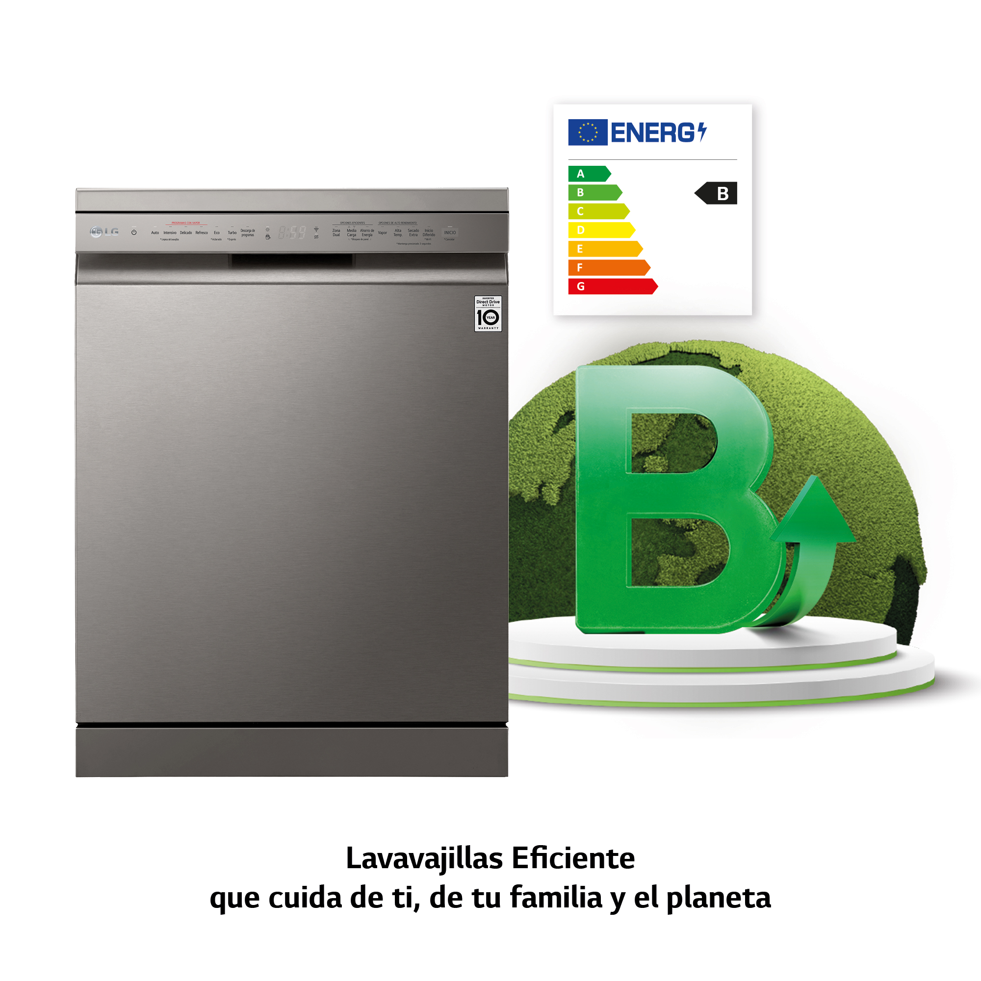 Lavavajillas plateado con etiqueta energética e icono B verde.