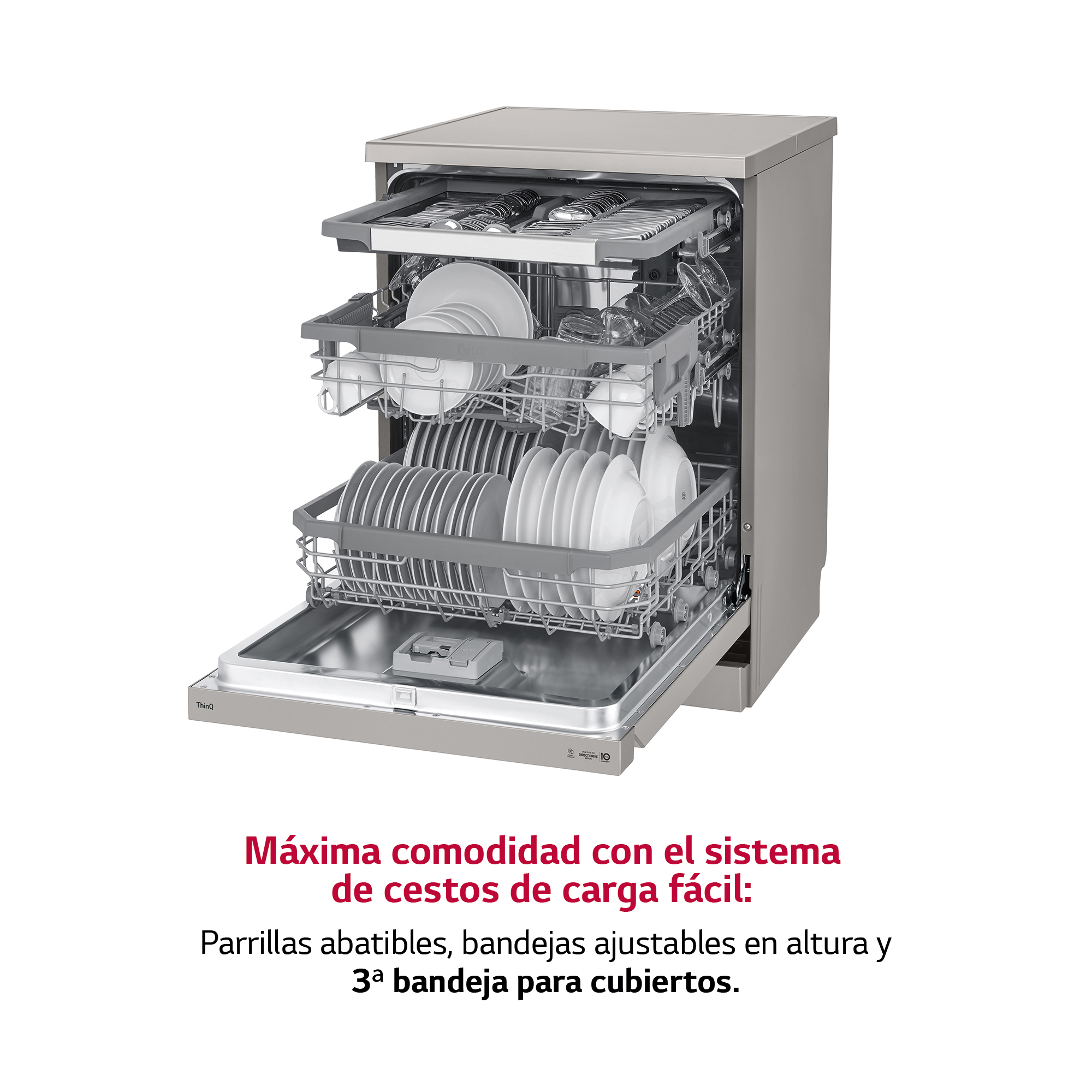 Lavavajillas con puerta abierta mostrando platos y texto debajo.
