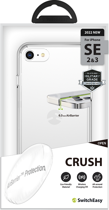 Telefontok csomagolása, amely egy átlátszó tokot mutat egy fehér iPhone körül.