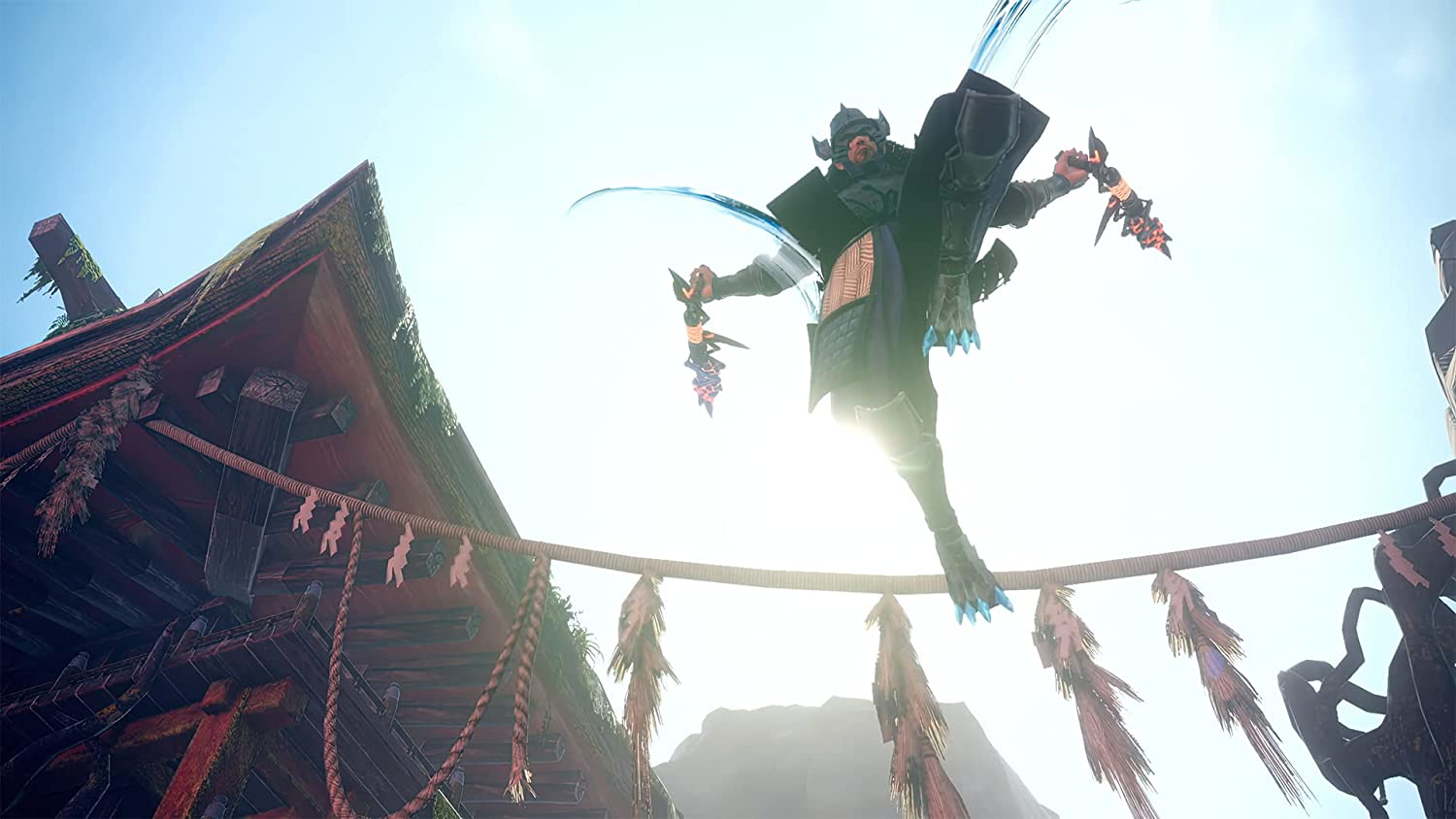 Ein Samurai in der Luft, bereit zum Zuschlagen. Ein Holzgebäude im Hintergrund unter einem hellen Himmel.