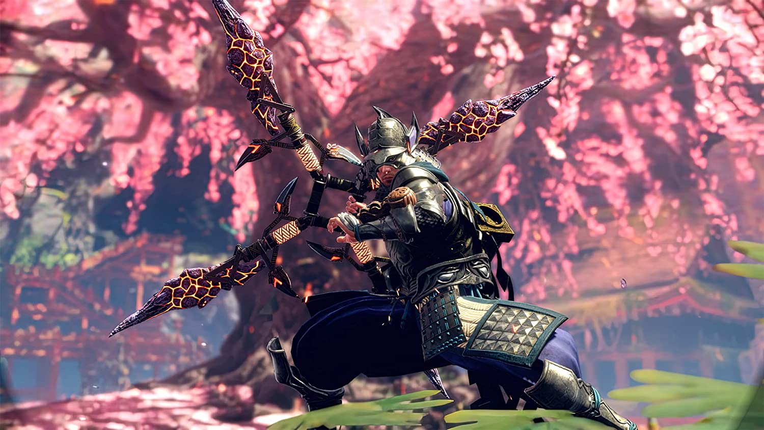 Ein Krieger in Rüstung mit Bogen in japanischer Umgebung. Kirschblüten im Hintergrund.