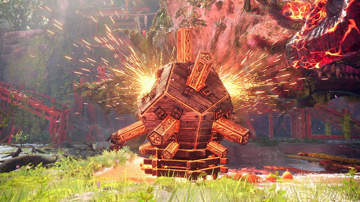 Holzwürfel mit Feuer und Funken, glühend in einer Waldumgebung.