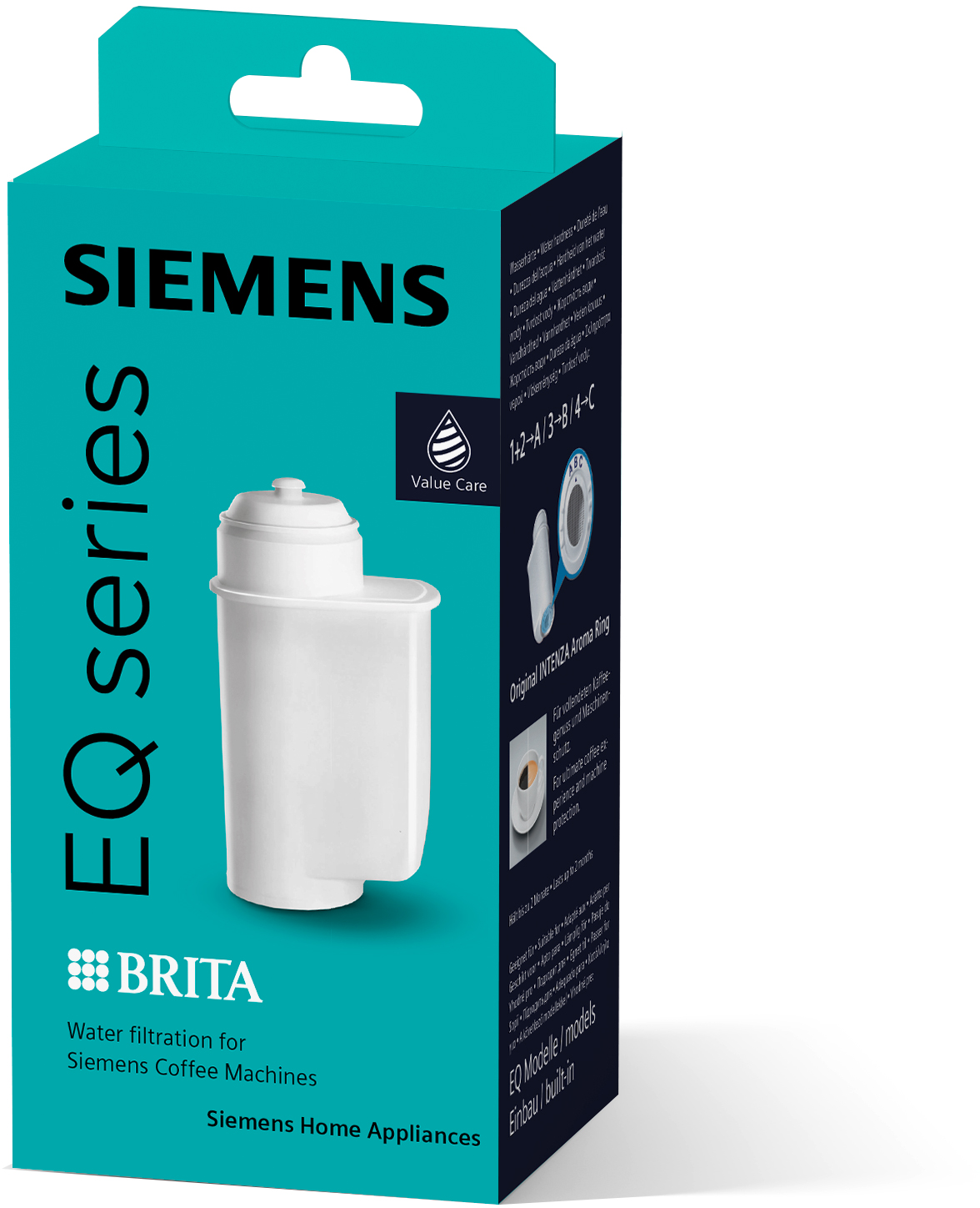 Eine türkisfarbene Box mit einem weißen Wasserfilter und den Worten 'SIEMENS EQ series' und 'BRITA'.