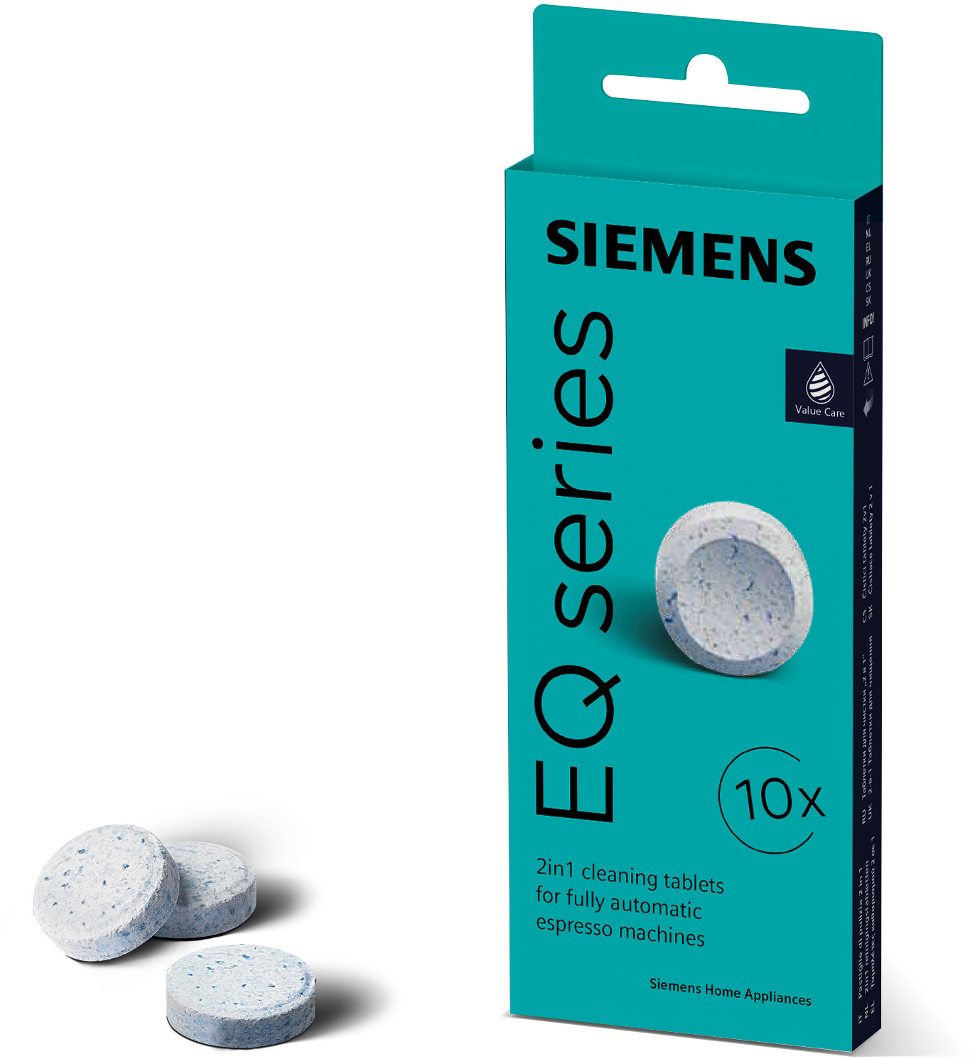 Siemens EQ-Serie Reinigungstabletten-Box und -Tabletten. Türkis-weißes Farbschema.